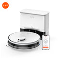 ILIFE Hilio ALIFE Pro 5000 Robot Vaccum shown with its white charging dock and a smartphone app control screen on a clean white background. The ILIFE logo is visible on the vacuum, dock, and app, with an orange ILIFE logo badge in the top-left corner.