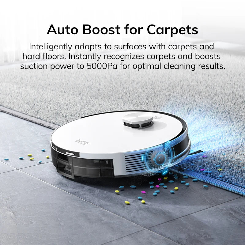 Hilio ALIFE Pro 5000 Robot Vaccum cleaning a floor with text about Auto Boost for Carpets feature.