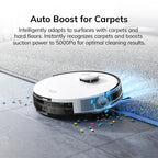 Hilio ALIFE Pro 5000 Robot Vaccum cleaning a floor with text about Auto Boost for Carpets feature.