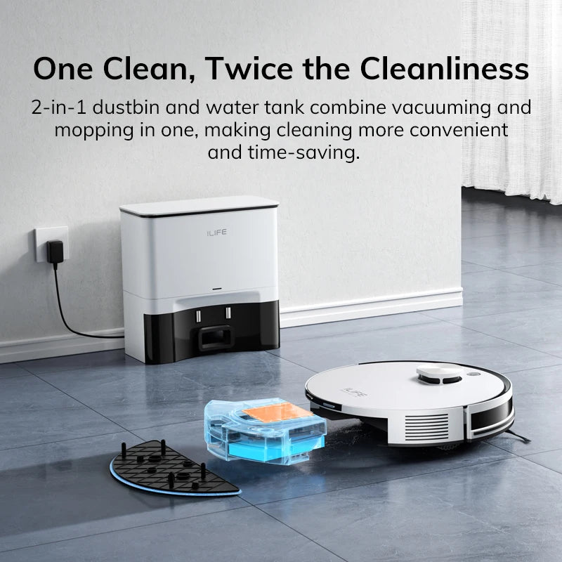 Hilio ALIFE Pro 5000 Robot Vaccum and cleaning station on a tiled floor with text in Korean.