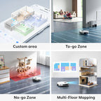 Hilio ALIFE Pro 5000 Robot Vaccum demonstrating custom area, to-go zone, no-go zone, and multi-floor mapping features.