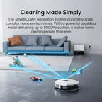 Hilio ALIFE Pro 5000 Robot Vaccum cleaner in a living room with text about LiDAR navigation and suction power.