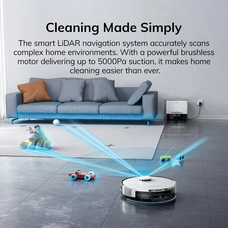 Hilio ALIFE Pro 5000 Robot Vaccum cleaner in a living room with text about LiDAR navigation and suction power.