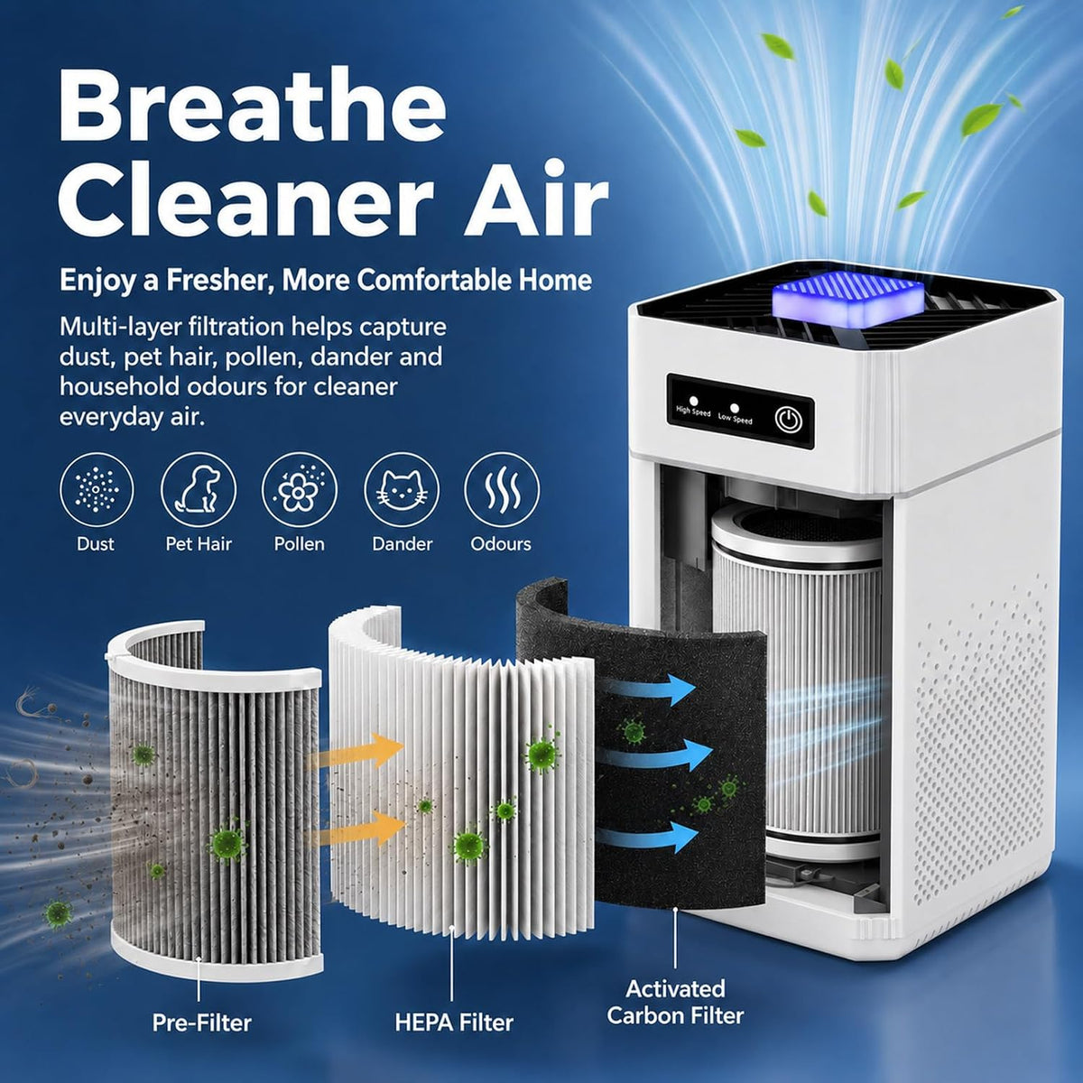 A white and silver Hilio Aera Air Purifier with a blue indicator light, shown on a blue promotional background with text reading 'Breathe Cleaner Air' and labels for pre-filter, HEPA filter, and activated carbon filter.