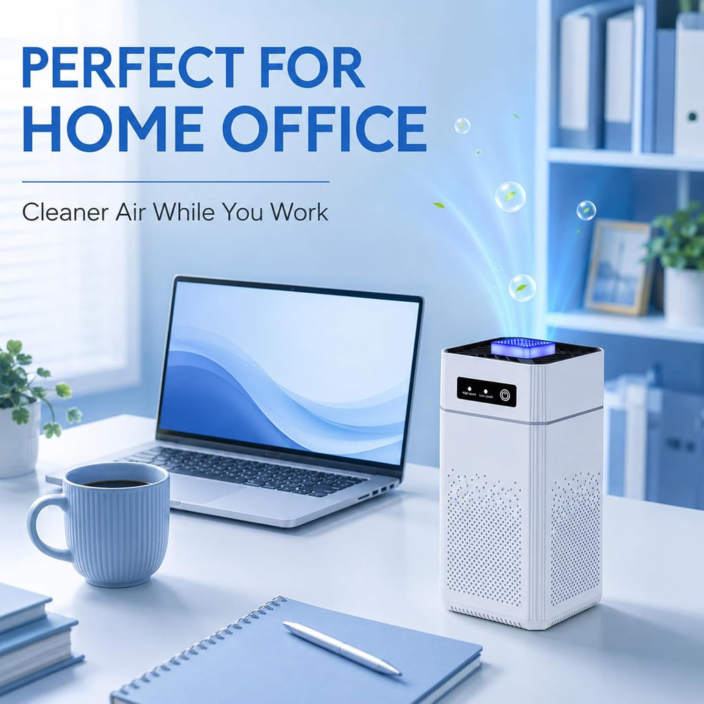 A white desktop Hilio Aera Air Purifier with a blue glowing top grille sits on a light desk beside a laptop, notebook, and mug in a bright home office setting. Large text reads 'PERFECT FOR HOME OFFICE' and 'Cleaner Air While You Work.