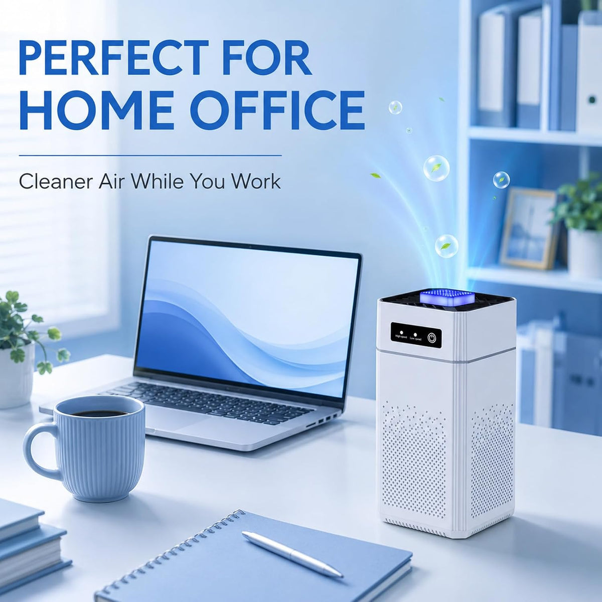 A white desktop Hilio Aera Air Purifier with a blue glowing top grille sits on a light desk beside a laptop, notebook, and mug in a bright home office setting. Large text reads 'PERFECT FOR HOME OFFICE' and 'Cleaner Air While You Work.