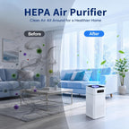 A white HEPA Hilio Aera Air Purifier shown in a bright living room with a split before/after layout. Large text at the top reads 'HEPA Air Purifier' and 'Clean Air All Around for a Healthier Home.