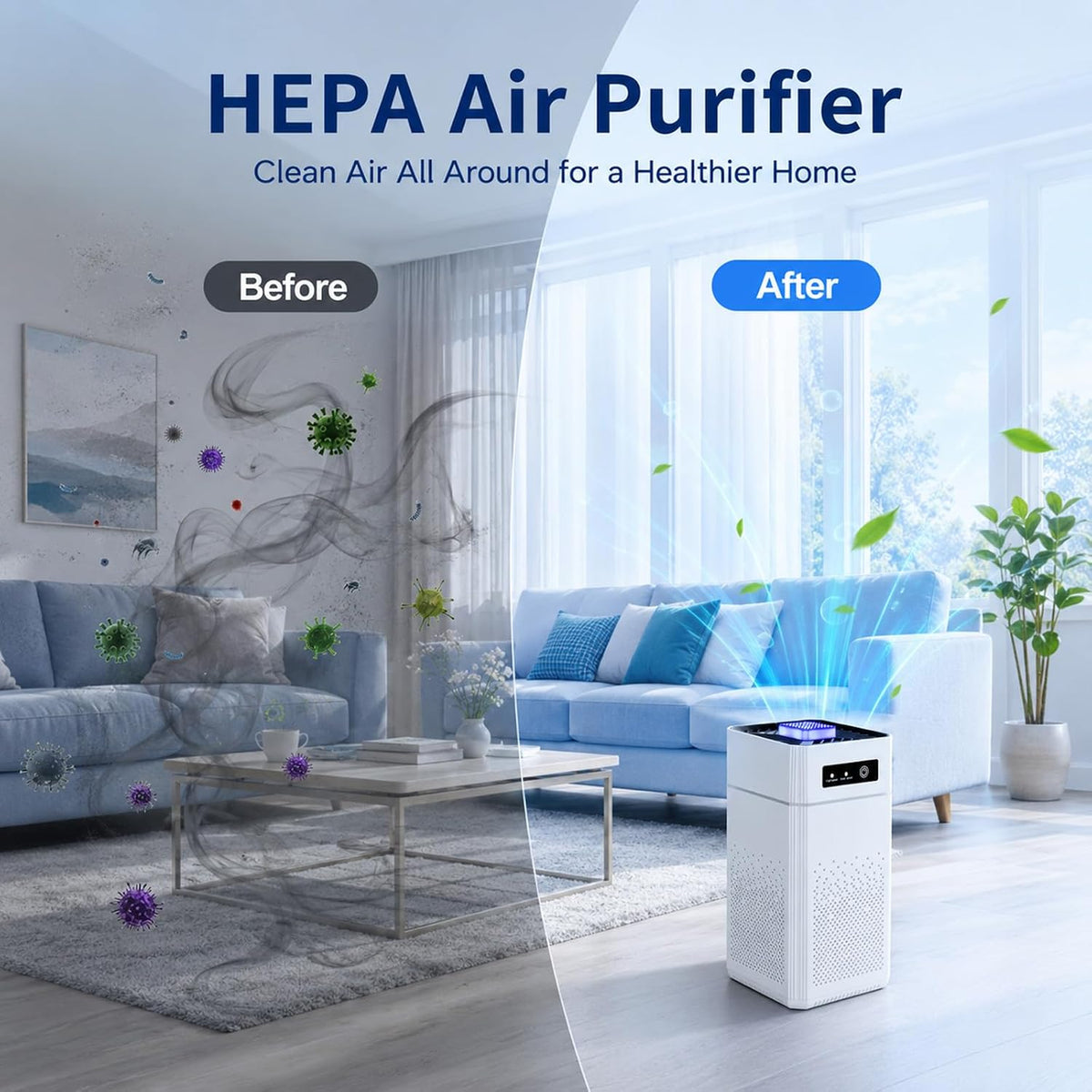 A white HEPA Hilio Aera Air Purifier shown in a bright living room with a split before/after layout. Large text at the top reads 'HEPA Air Purifier' and 'Clean Air All Around for a Healthier Home.