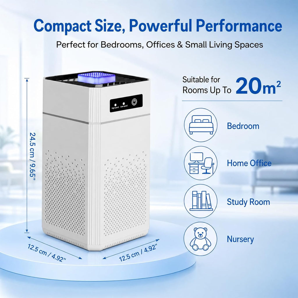 A compact white Hilio Aera Air Purifier shown on a light blue promotional background with text highlighting its size, performance, and suitability for bedrooms, home offices, study rooms, and nurseries. The product is labeled with dimensions of 12.