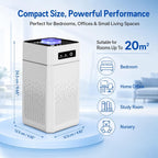 A compact white Hilio Aera Air Purifier shown on a light blue promotional background with text highlighting its size, performance, and suitability for bedrooms, home offices, study rooms, and nurseries. The product is labeled with dimensions of 12.