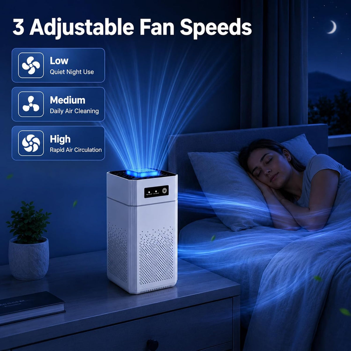 A white Hilio Aera Air Purifier sits on a bedside table in a bedroom, with blue light projecting onto a sleeping woman in bed. Text on the left reads '3 Adjustable Fan Speeds' with icons for Low, Medium, and High fan modes.