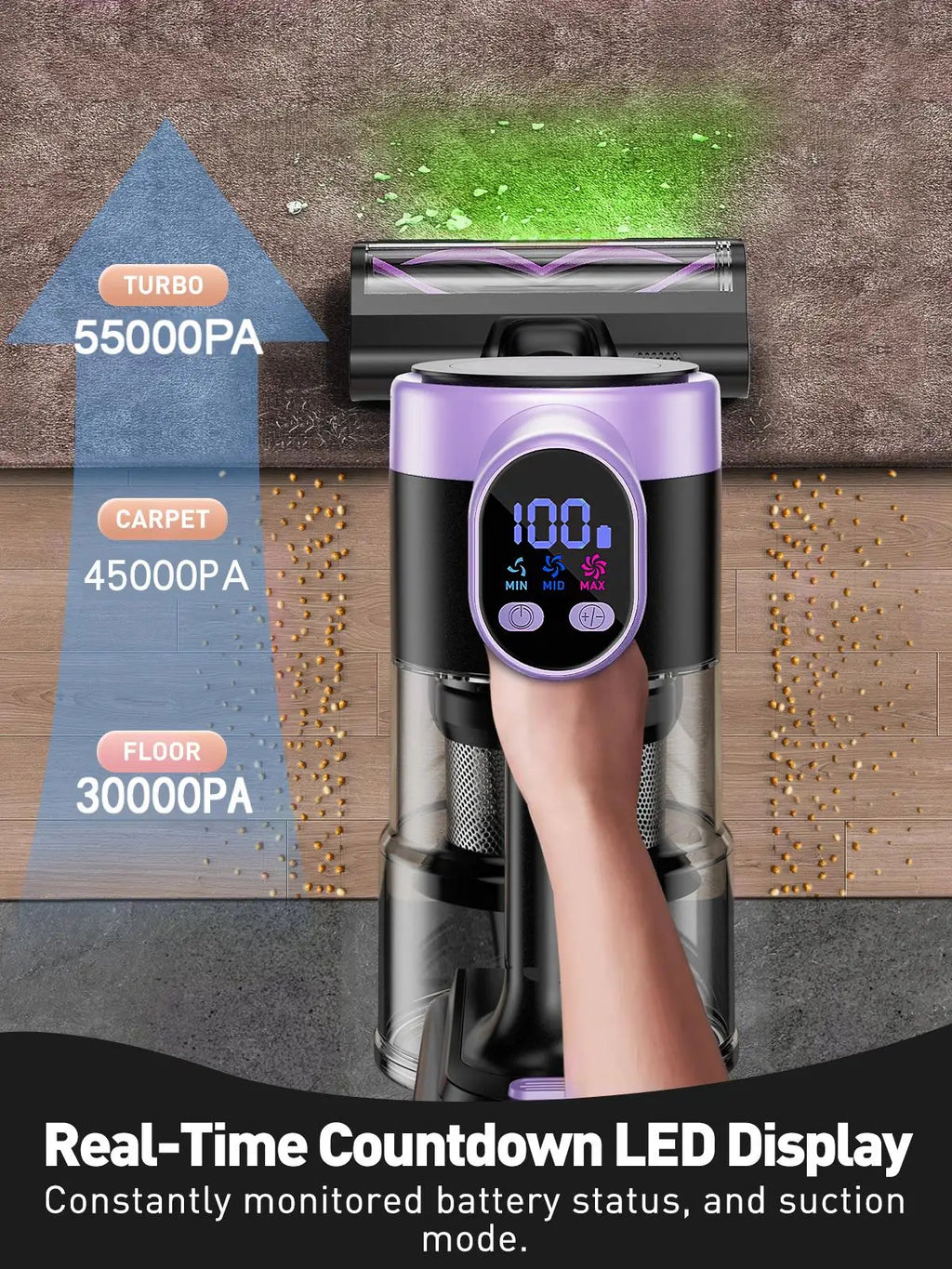 A Hilio Bliss 28 Vacuum Cleaner with a purple and black body is shown being held by a person's hand to demonstrate use. The image includes text overlays highlighting suction levels for turbo, carpet, and floor, plus a claim about a real-time countdown LED display.