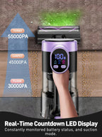A Hilio Bliss 28 Vacuum Cleaner with a purple and black body is shown being held by a person's hand to demonstrate use. The image includes text overlays highlighting suction levels for turbo, carpet, and floor, plus a claim about a real-time countdown LED display.