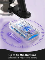 An Hilio Bliss 28 Vacuum Cleaner parked in front of a modern garage with promotional text reading 'Superior Safety with Edvanceshied' and feature icons for overcurrent, overvoltage, leakage, overheating, overcharge, and lightning protection.