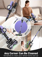 A 4-panel collage showing a Hilio Bliss 28 Vacuum Cleaner in use on a sofa, stairs, and near a window, with a woman and a cat visible in some panels. The vacuum has a black body with purple and silver accents.