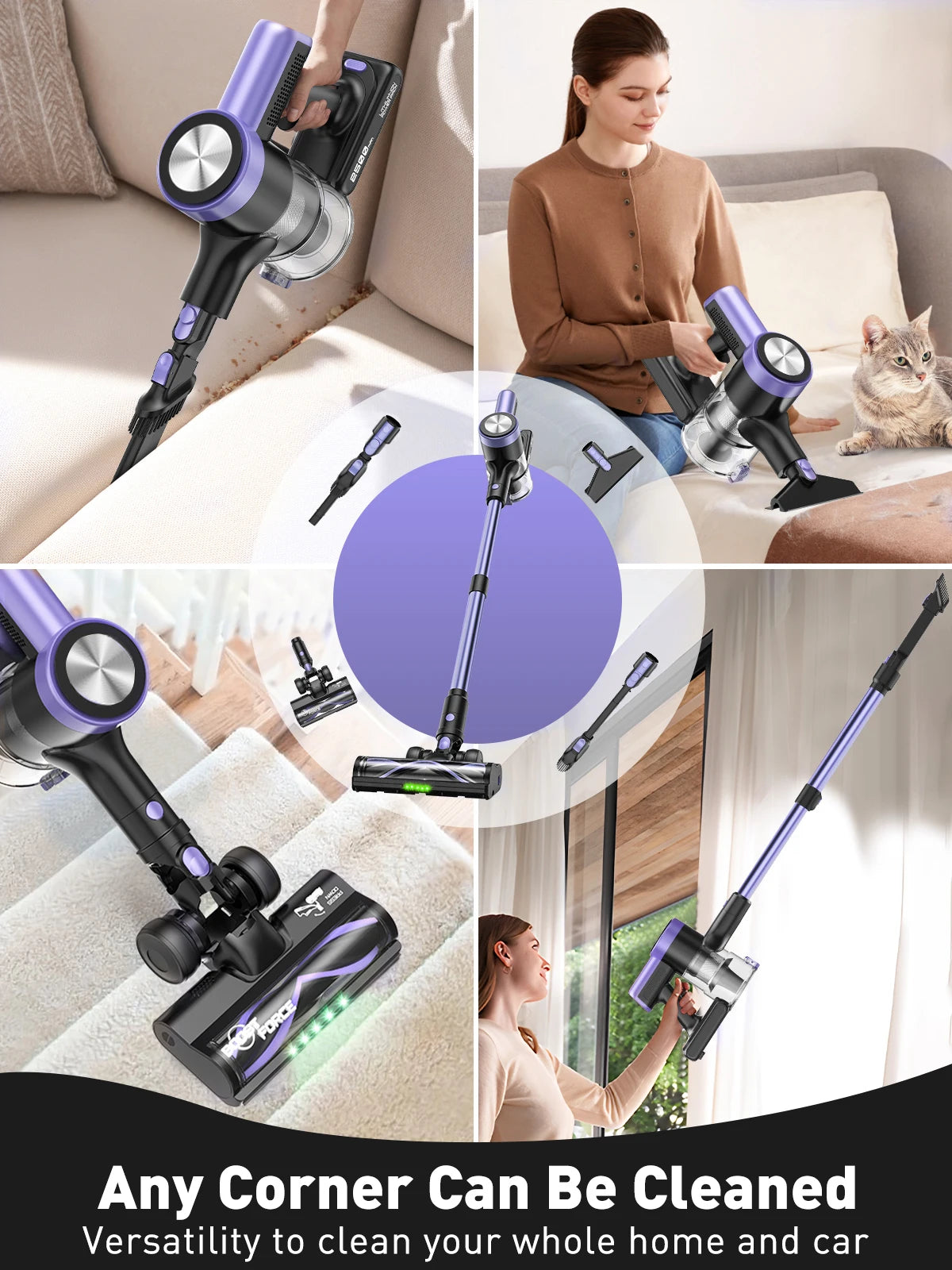 A 4-panel collage showing a Hilio Bliss 28 Vacuum Cleaner in use on a sofa, stairs, and near a window, with a woman and a cat visible in some panels. The vacuum has a black body with purple and silver accents.
