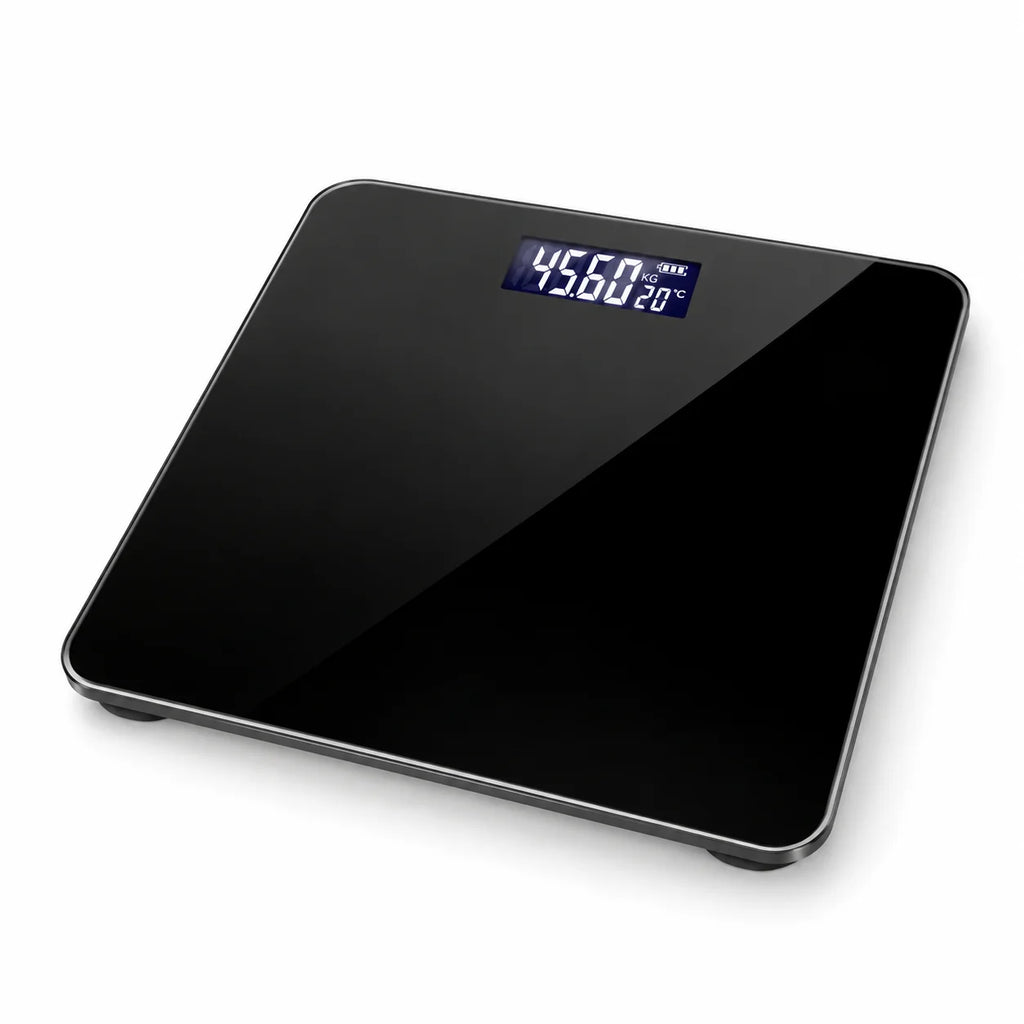A modern square Hilio Body Digital Scale with a glossy black glass surface and a small blue LED display showing weight and temperature, set against a plain white background.