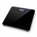 A modern square Hilio Body Digital Scale with a glossy black glass surface and a small blue LED display showing weight and temperature, set against a plain white background.