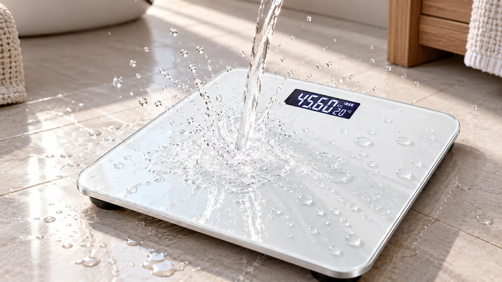 A white Hilio Body Digital Scale with a black display screen is shown on a tiled floor with water being poured onto its surface, creating a splash. The scale displays a weight of 45.