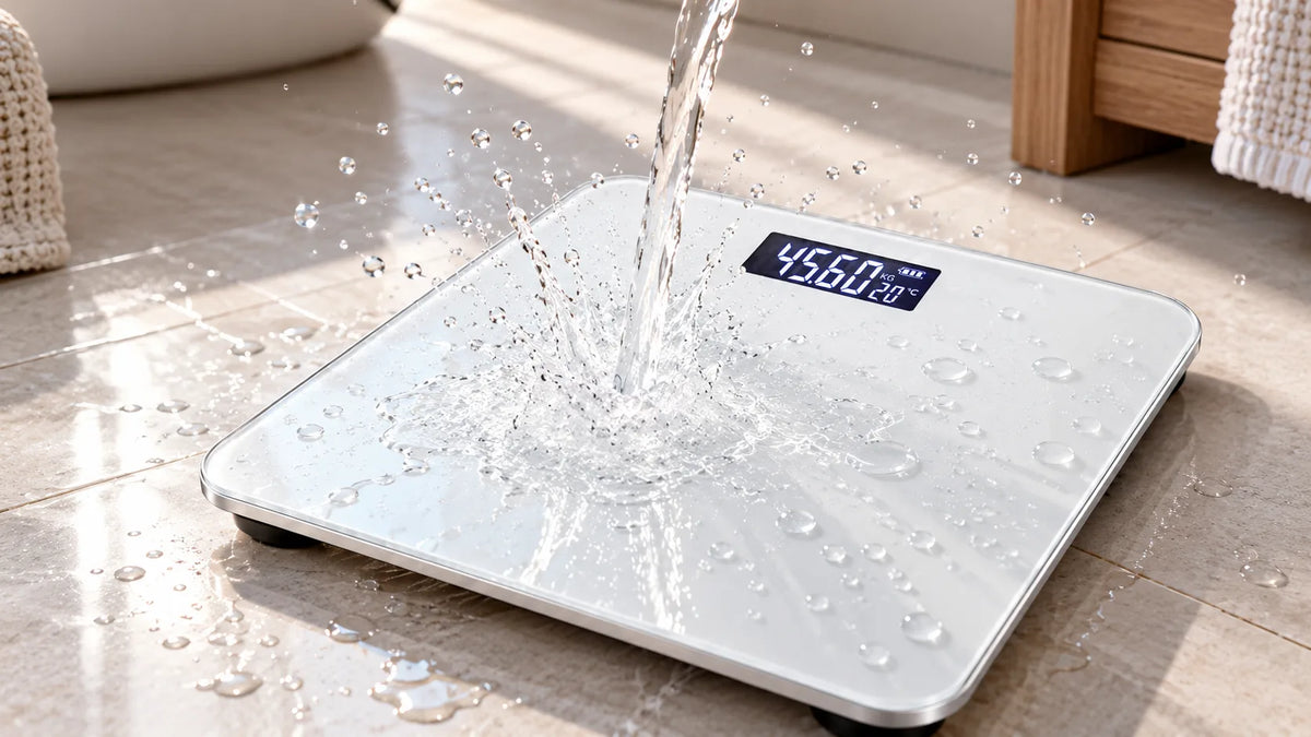 A white Hilio Body Digital Scale with a black display screen is shown on a tiled floor with water being poured onto its surface, creating a splash. The scale displays a weight of 45.