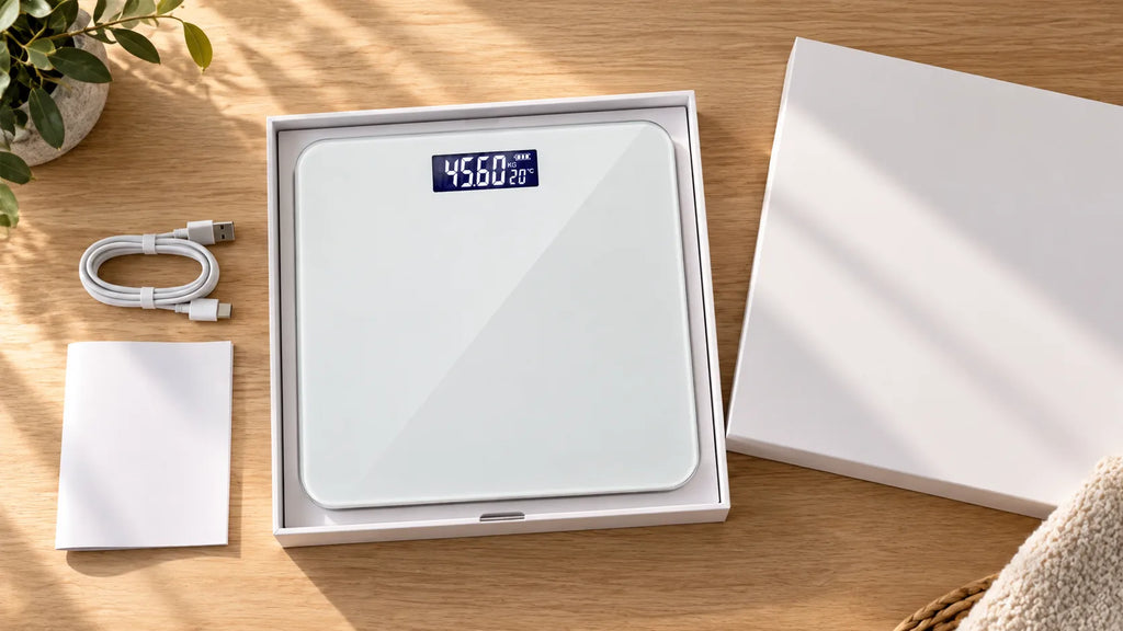 A white Hilio Body Digital Scale in its open box, shown on a wooden tabletop with a charging cable, manual, and another box lid nearby.