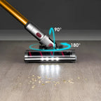Hilio Cotair Pro Vacuum Cleaner head cleaning a wooden floor with angles indicated on a dark background