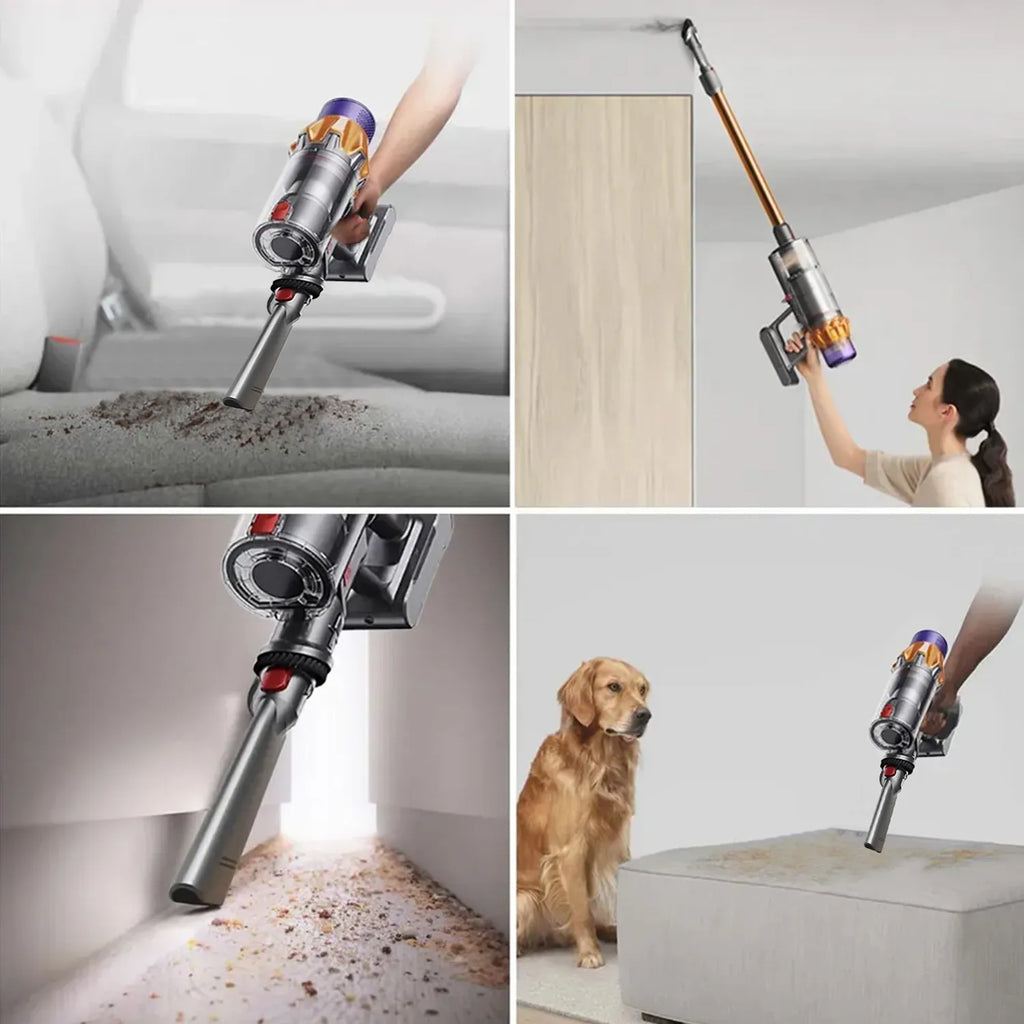 Collage of a handheld Hilio Cotair Pro Vacuum Cleaner being used in various cleaning scenarios.