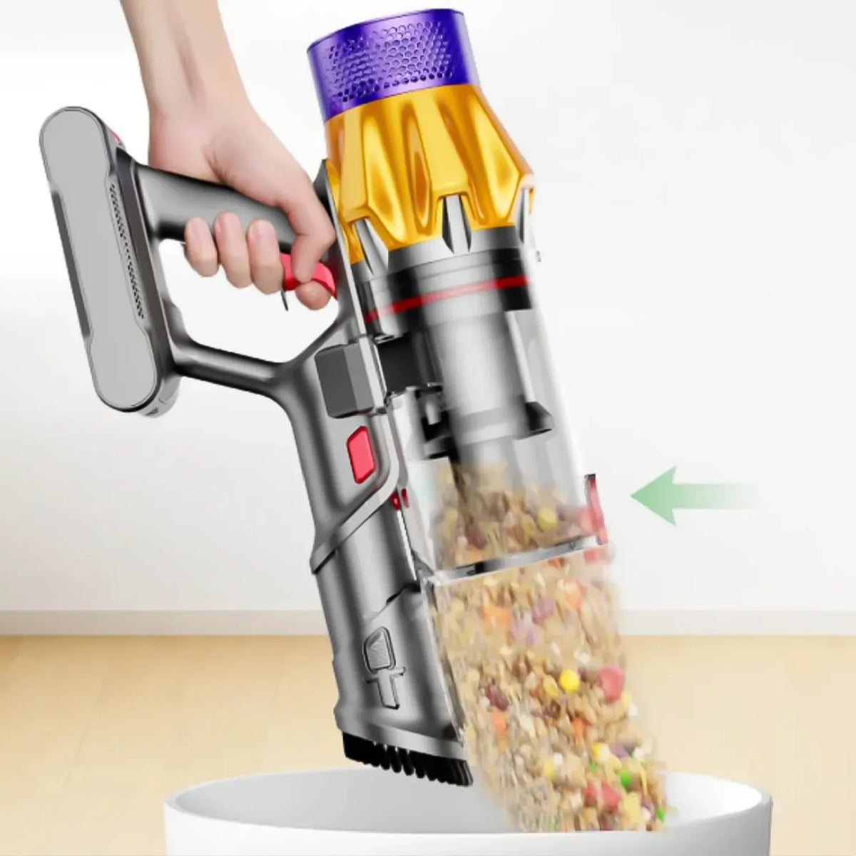 Handheld Hilio Cotair Pro Vacuum Cleaner pet food from a bowl with a clear compartment showing collected debris.
