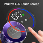 Touch screen control panel with digital display and finger interaction on a dark background