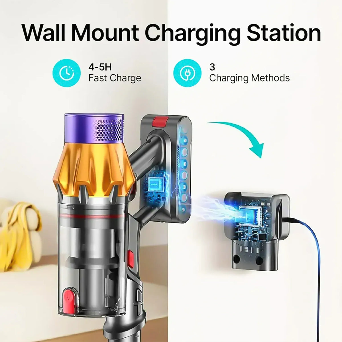 Wall mount charging station for a Hilio Cotair Pro Vacuum Cleaner with text indicating fast charge time and charging methods.