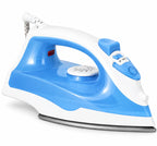 A blue and white Hilio Iron with a metallic silver soleplate, shown on a clean white background.