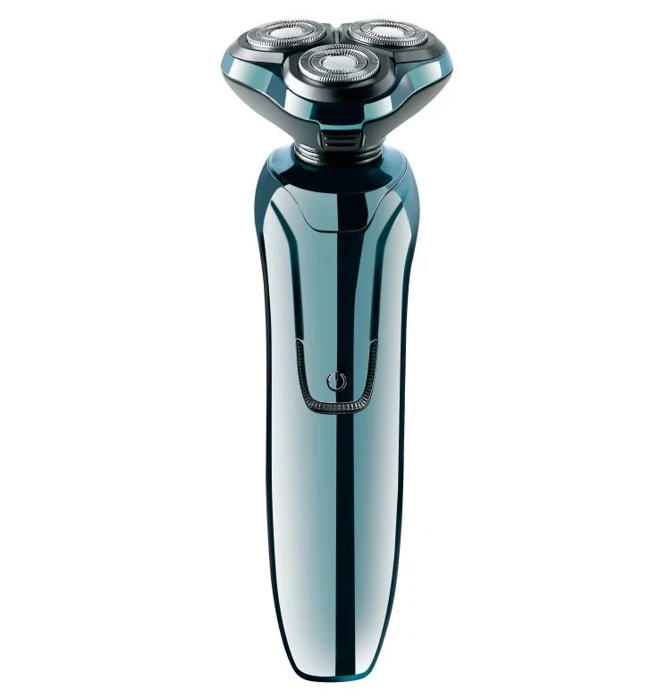 A sleek, metallic teal and Hilio Shaver with three circular shaving heads, shown against a solid white background.