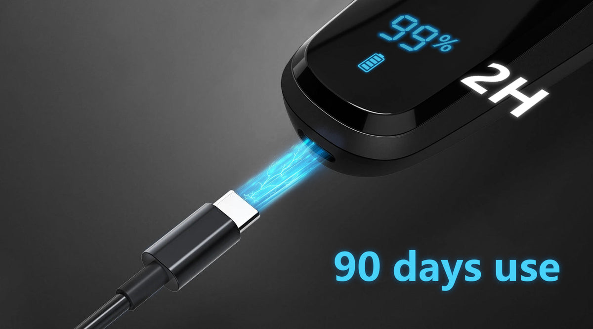 Electronic Hilio Electric Shaver with a digital display and blue light on a dark background