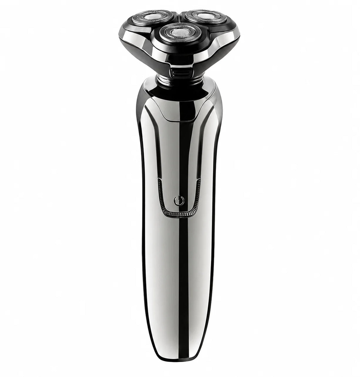 A modern hilio electric shaver with a glossy black and silver metallic finish, featuring three circular shaving heads on top, shown against a plain white background.