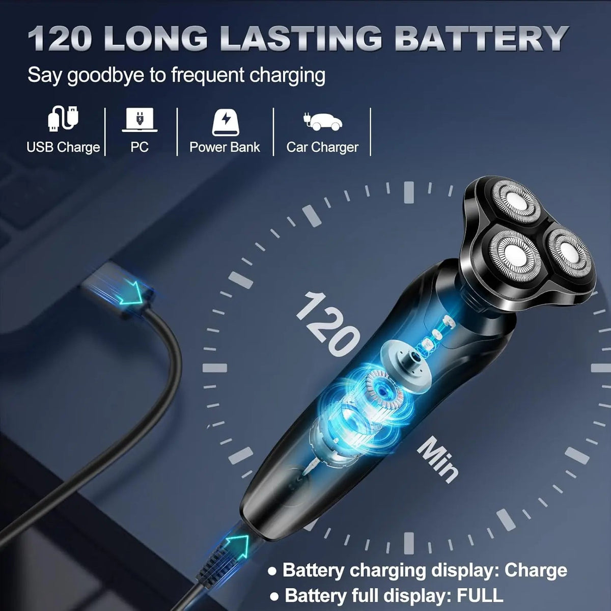 Hilio Shaver with charging display on a dark background