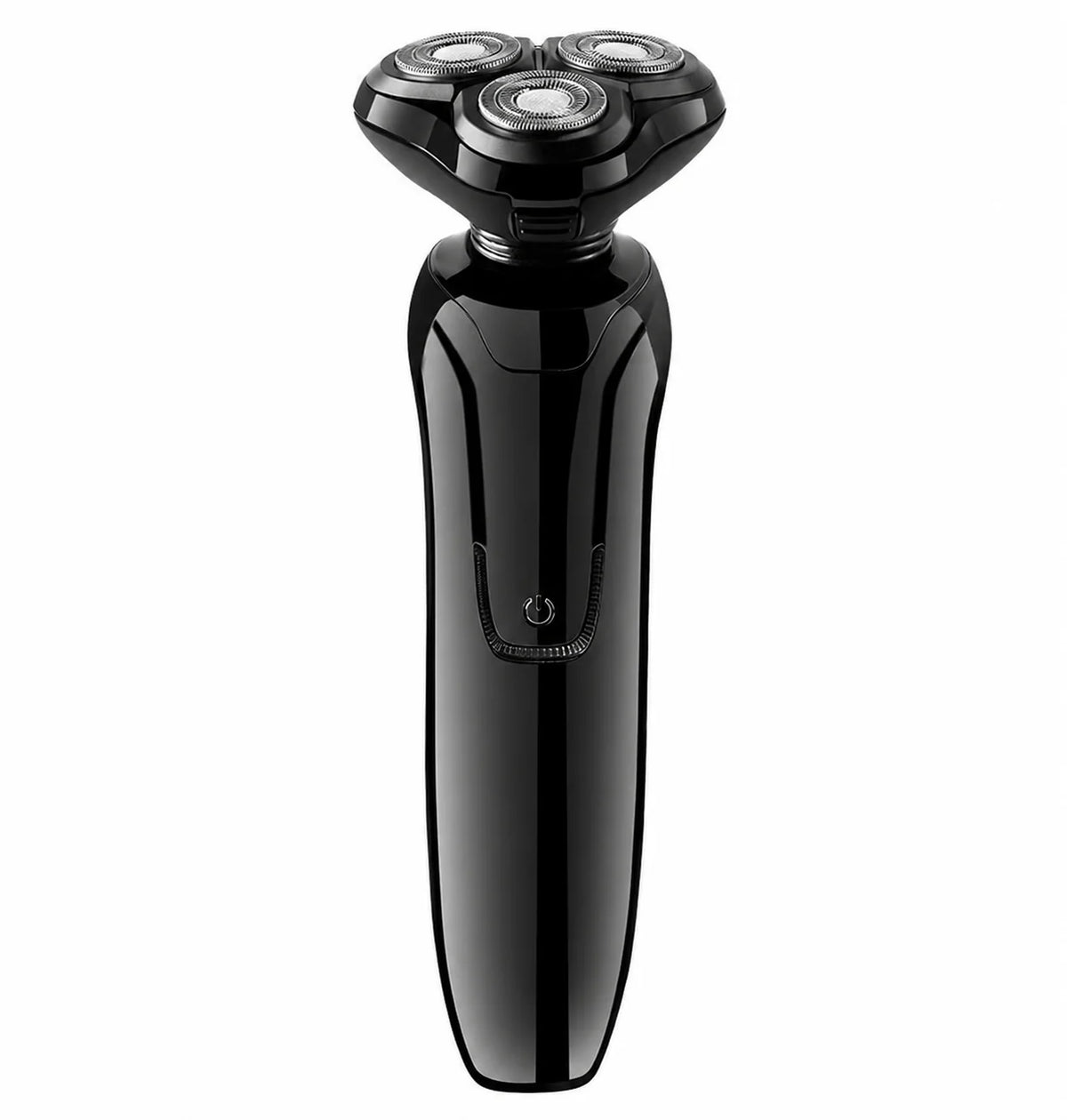 A black three-head Hilio electric shaver with a glossy finish, shown vertically against a plain white background.