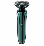 A modern Hilio electric shaver with a glossy dark teal handle and black three-rotor head, shown against a plain white background.