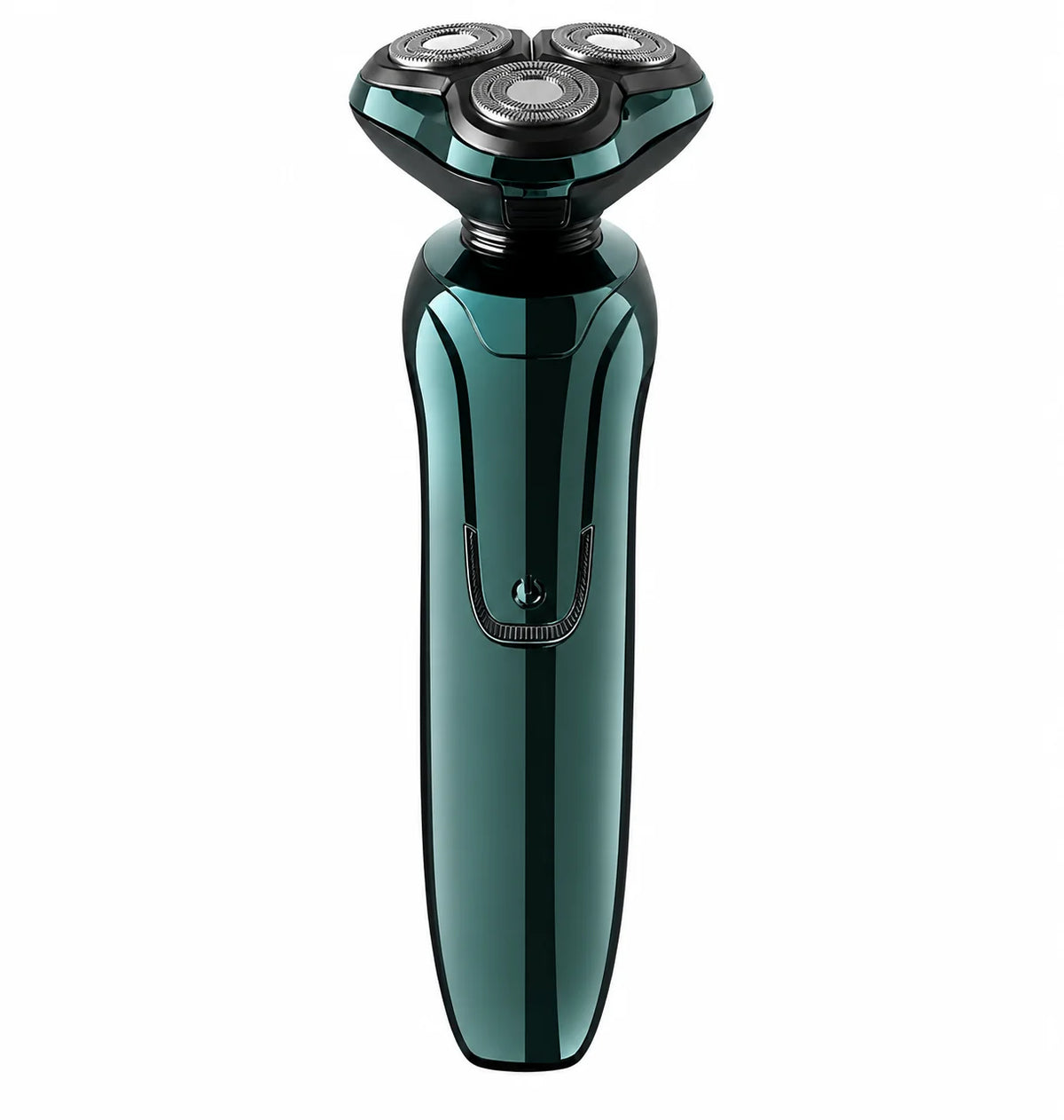 A modern Hilio electric shaver with a glossy dark teal handle and black three-rotor head, shown against a plain white background.