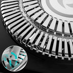 Close-up of a metallic gear system with a smaller inset showing a blue arrow.