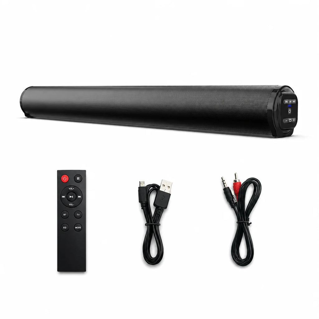 A black cylindrical Hilio Sonora Wireless Soundbar shown with a matching remote control, a USB cable, and an audio cable on a plain white background.