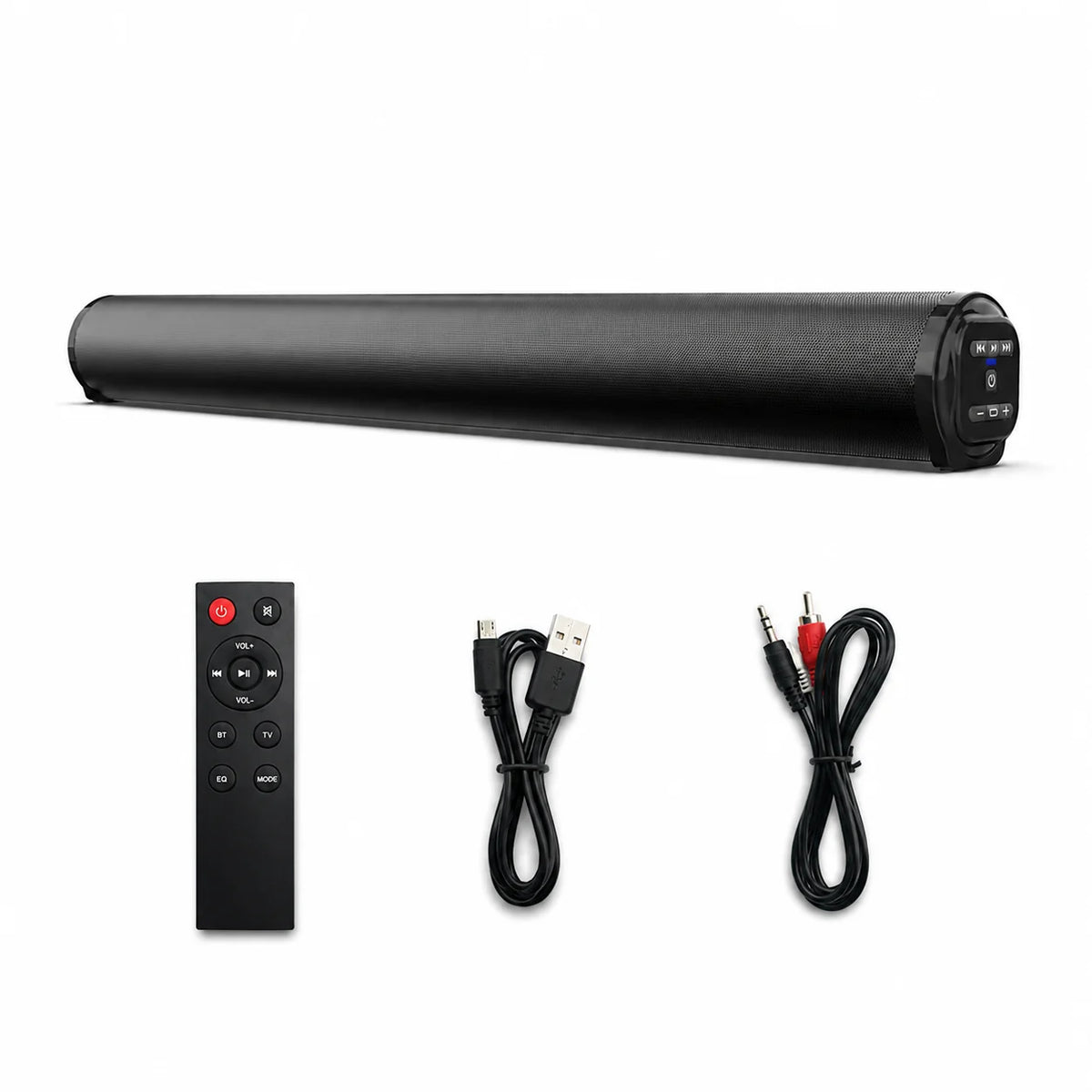 A black cylindrical Hilio Sonora Wireless Soundbar shown with a matching remote control, a USB cable, and an audio cable on a plain white background.