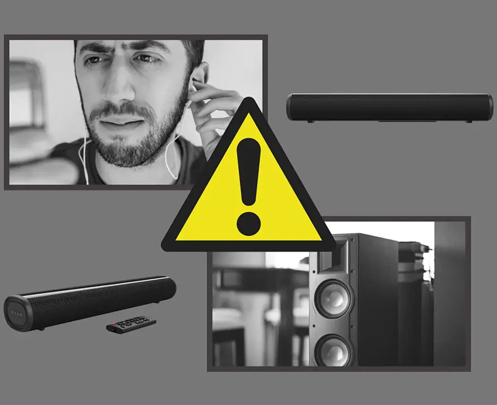 Hilio Sonora Wireless Soundbar with a man on a video call and a warning sign.