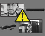 Hilio Sonora Wireless Soundbar with a man on a video call and a warning sign.