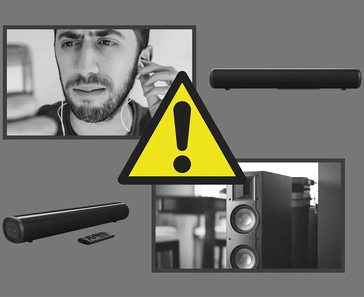 Hilio Sonora Wireless Soundbar with a man on a video call and a warning sign.