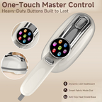 A Hilio Storro Steamer white and silver electronic device with a circular touch screen and large control buttons, shown on a beige background with marketing text and two circular detail insets.