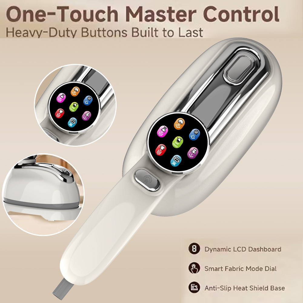 A Hilio Storro Steamer white and silver electronic device with a circular touch screen and large control buttons, shown on a beige background with marketing text and two circular detail insets.