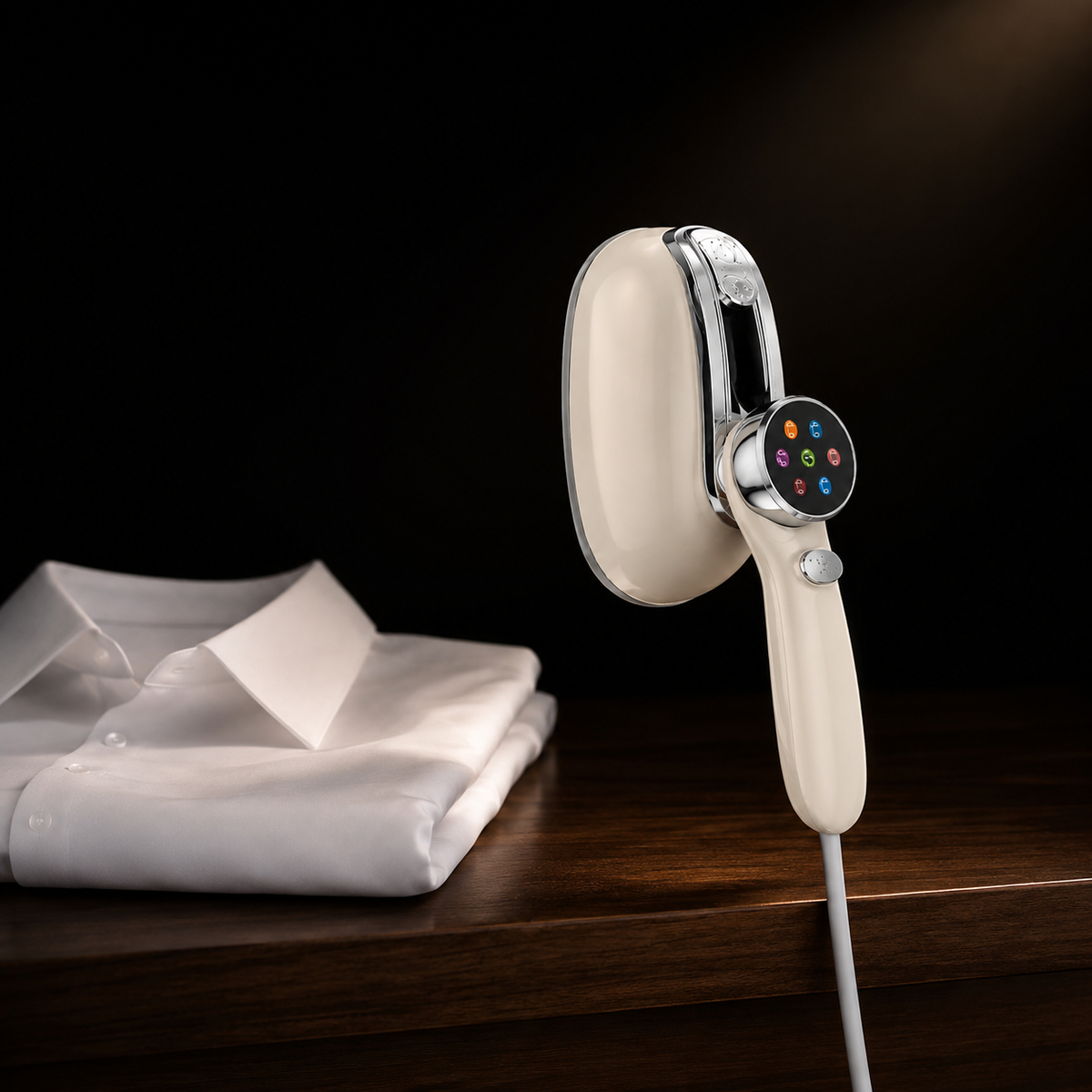 A cream-colored Hilio Storro Steamer with a digital touch screen control panel on the handle, shown standing on a dark wooden surface next to a folded white dress shirt against a dark background.