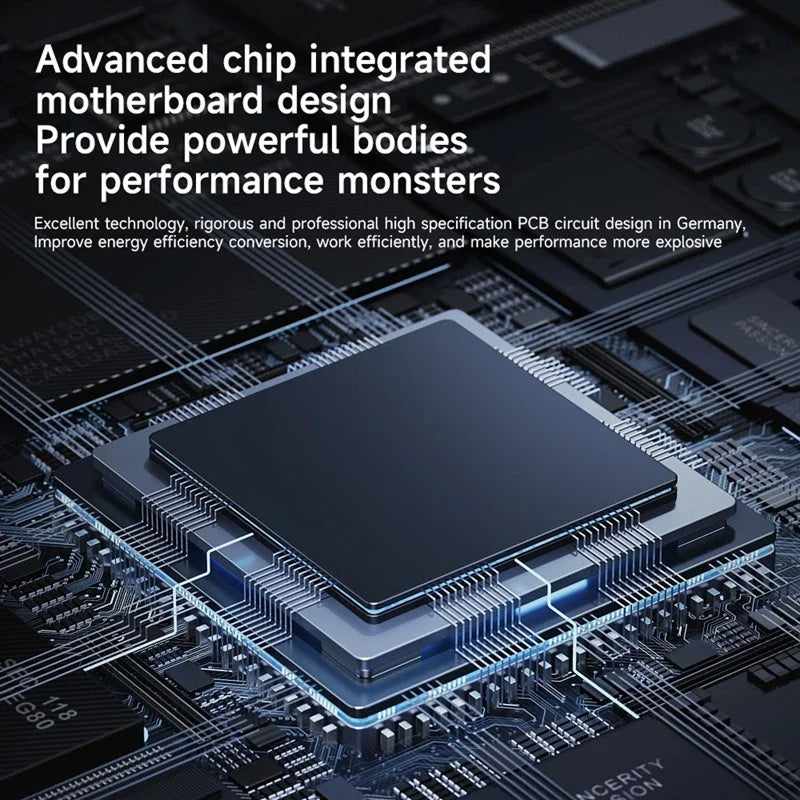 Close-up of a JewelyClin Ultrasonic Jewellery Cleaner chip on a circuit board with text about advanced chip design.