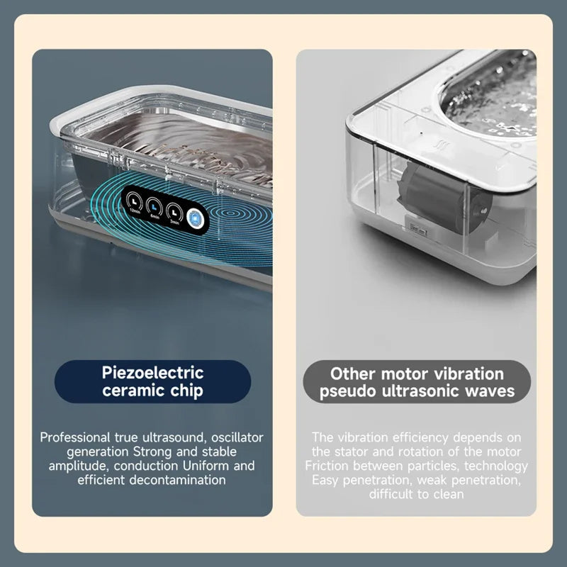Two images of an JewelyClin Ultrasonic Jewellery Cleaner with text explaining piezoelectric ceramic chip and motor vibration.