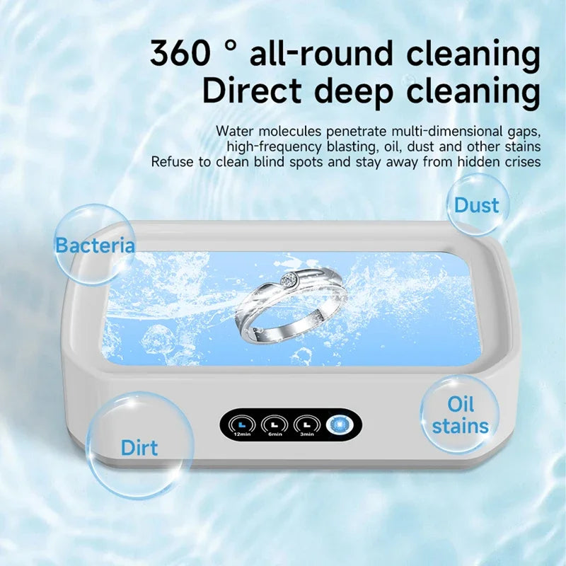 JewelyClin Ultrasonic Jewellery Cleaner device with a ring on a blue background, highlighting cleaning capabilities.
